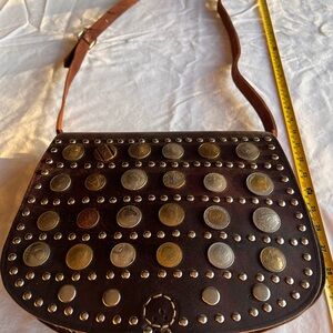 Studded Brown Leather Crossbody Bag with Coin Accent